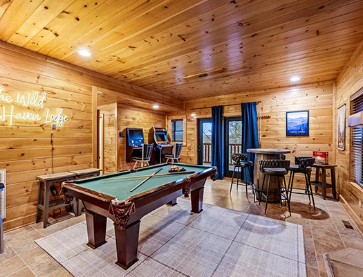 Luxury Airbnb cabin game room with pool table
