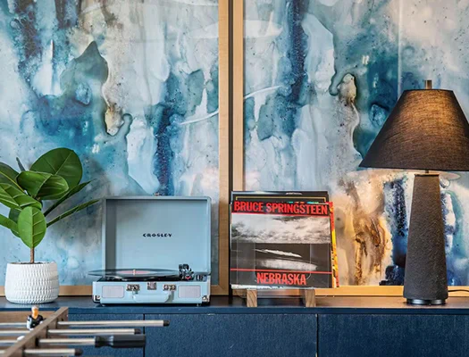 Styled shelf with record player and modern decor
